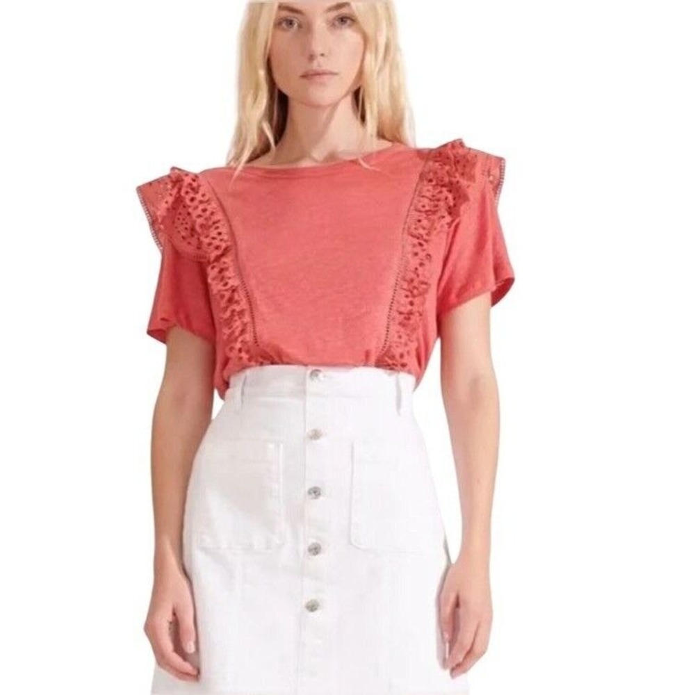 Veronica Beard Prema Eyelet Ruffle Crewneck‎ Tee Faded Rose Preppy Size XS
